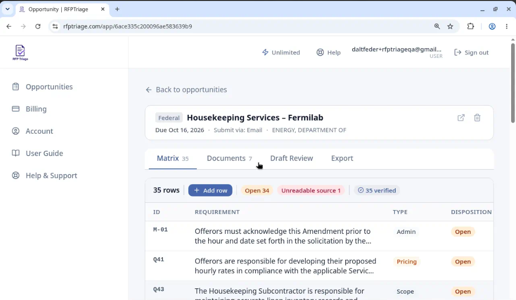 Every requirement extracted into a reviewable matrix — organized by type, marked open or closed, ready to assign.